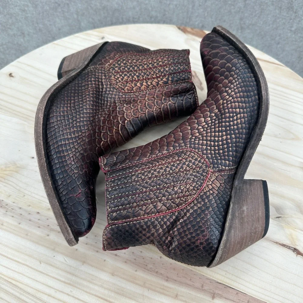 Snakeskin Embossed Ankle Boots Womens 9 Copper Leather Western Point Toe
